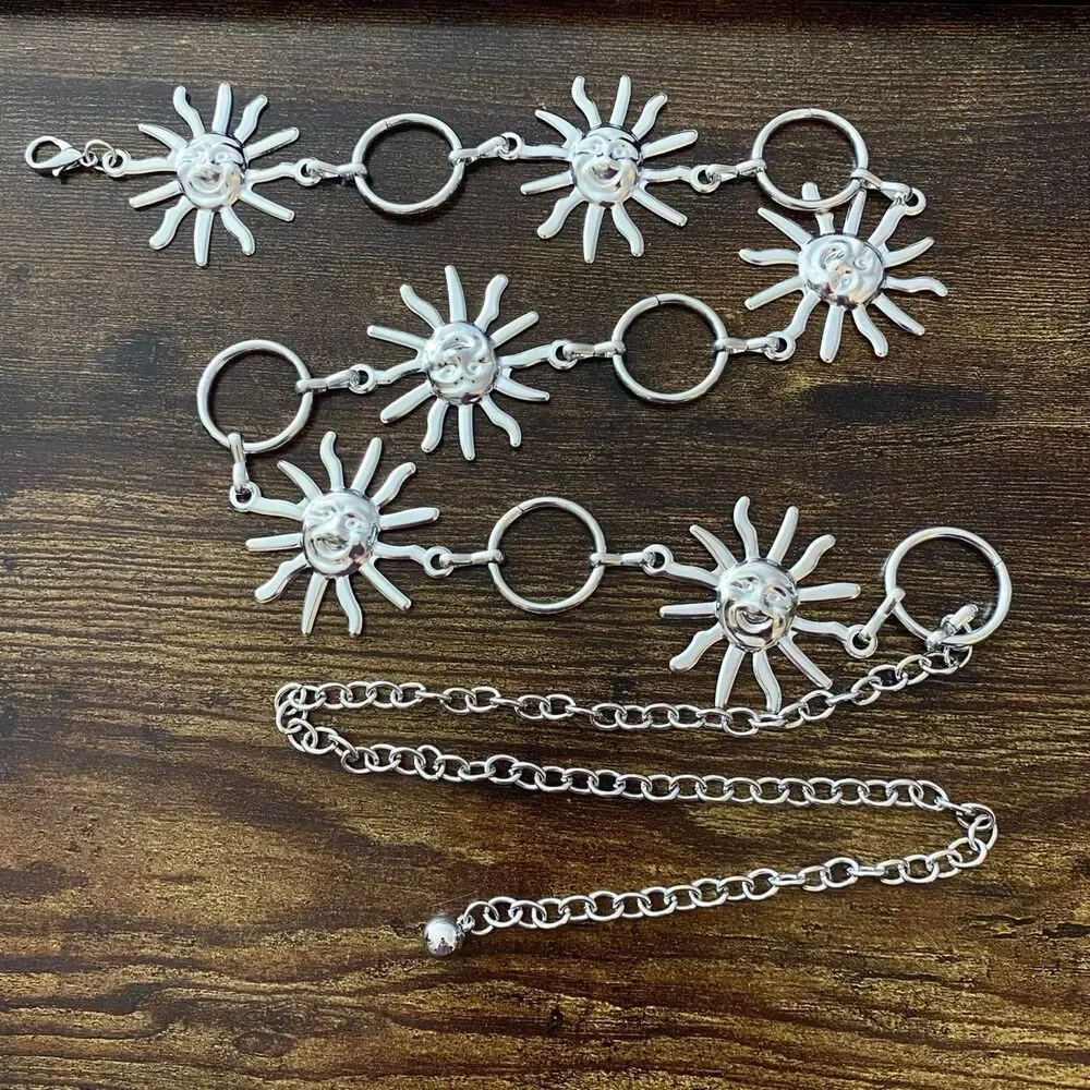 Silver Y2K Celestial Sun Open Ring Chain Belt, Fits 27-46 Inches, X7GA1280